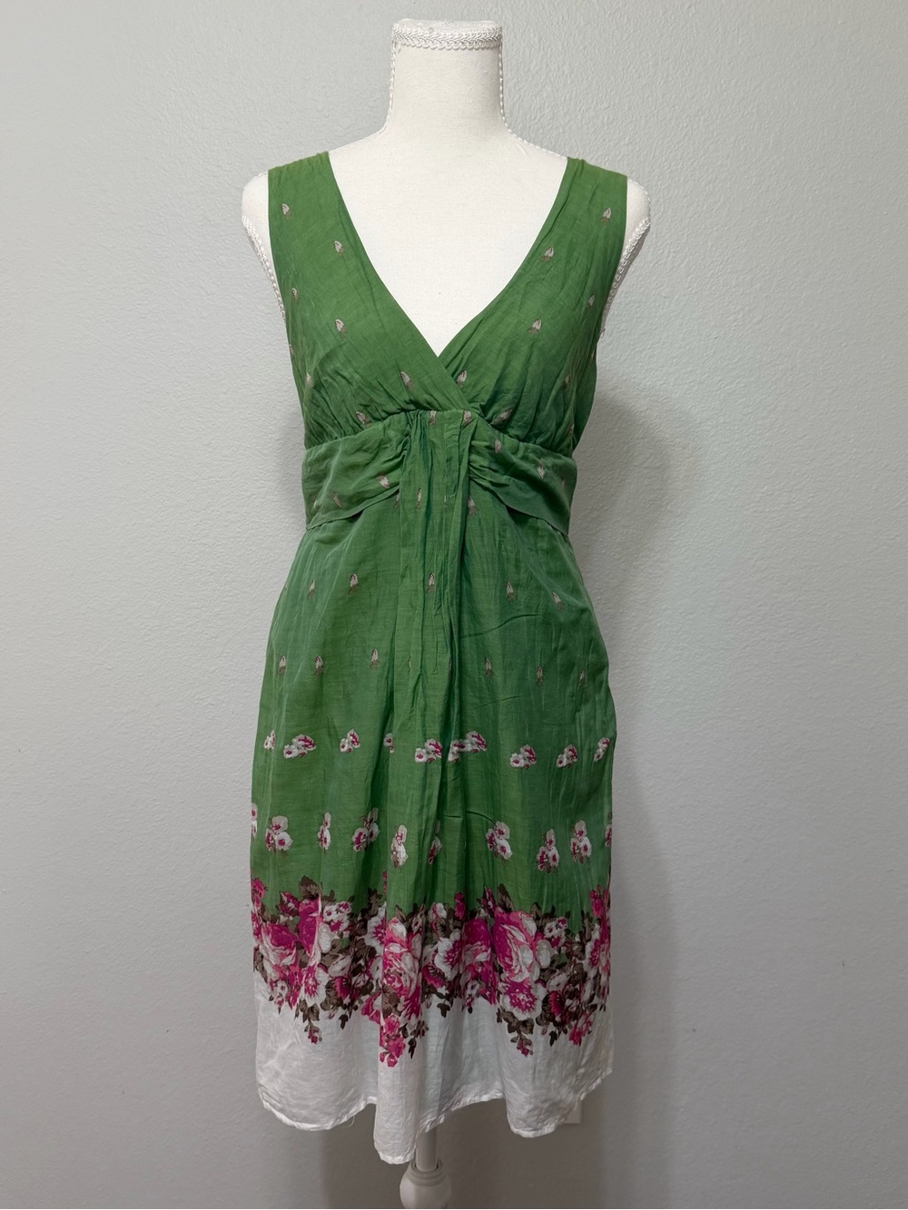 Max Studio MSSP Cotton Silk Green Floral Sleeveless Dress Cottagecore Prairie F